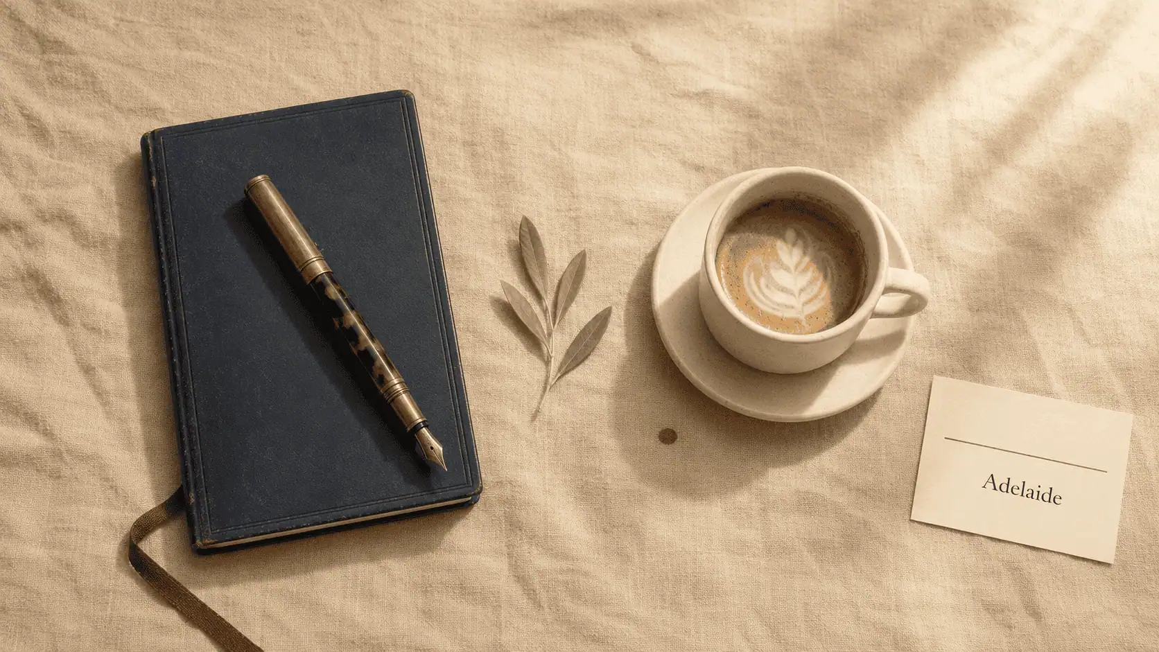 Adelaide anaesthetic billing service — editorial flat-lay still life on honey linen: a bluestone leather logbook with a tortoiseshell fountain pen on the cover, an olive sprig, a stoneware cup of flat white coffee, and a small cream card reading Adelaide.