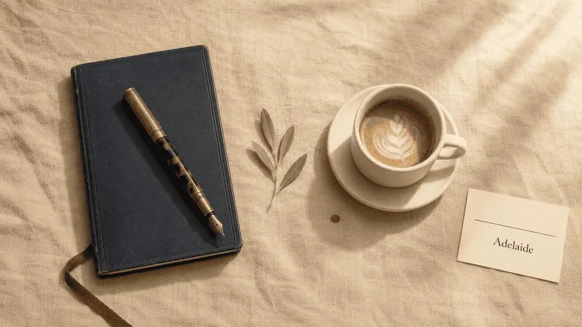 Adelaide anaesthetic billing service — editorial flat-lay still life on honey linen: a bluestone leather logbook with a tortoiseshell fountain pen on the cover, an olive sprig, a stoneware cup of flat white coffee, and a small cream card reading Adelaide.