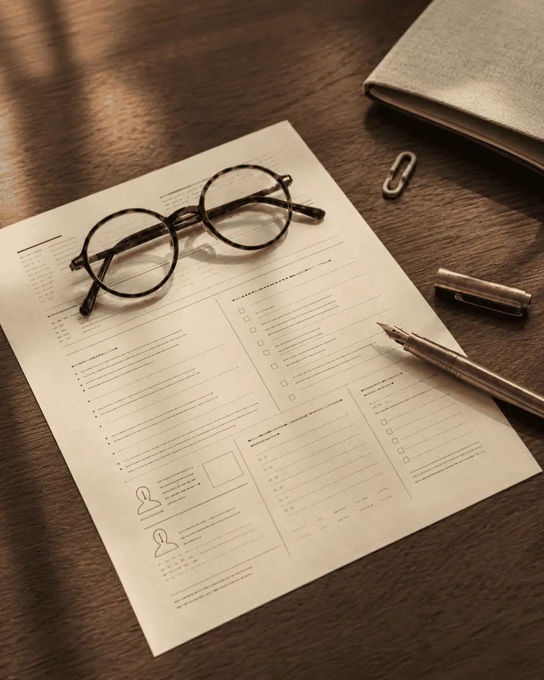 Informed financial consent paperwork, a brass fountain pen and tortoiseshell reading glasses arranged on a walnut desk in warm afternoon light