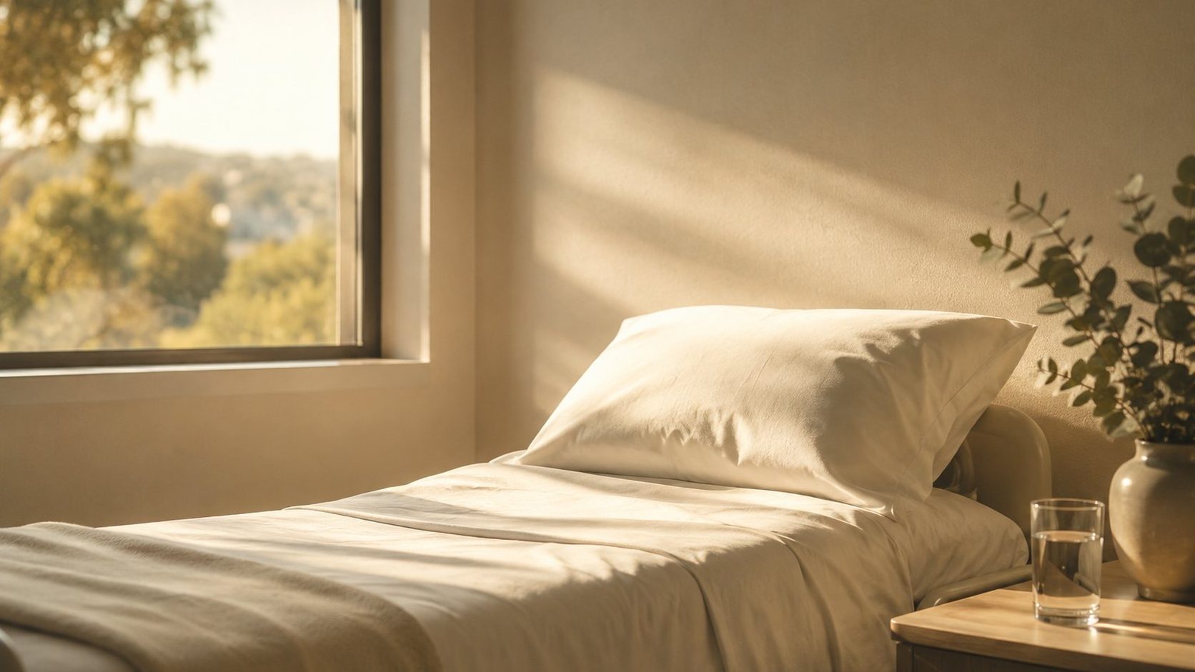 A calm, sunlit recovery room with crisp linen and a window view, evoking a safe recovery