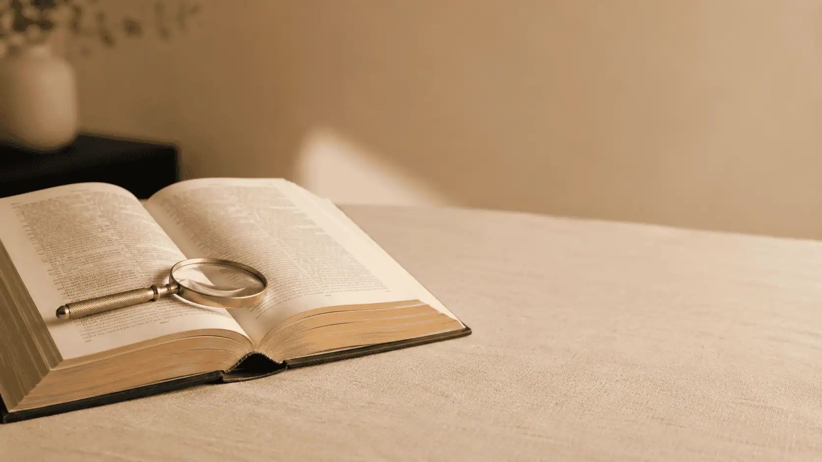 An open dictionary with a brass magnifier resting on the page, in soft warm light