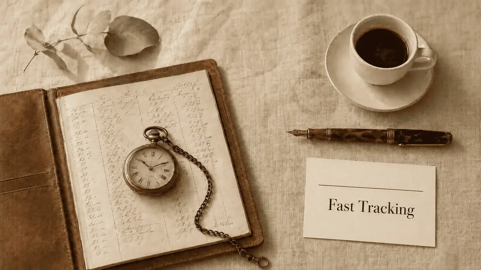 Editorial flat-lay of a leather portfolio, antique brass pocket watch, fountain pen and espresso on cream linen — Fast Tracking, anaesthetic billing services for Australian anaesthetists