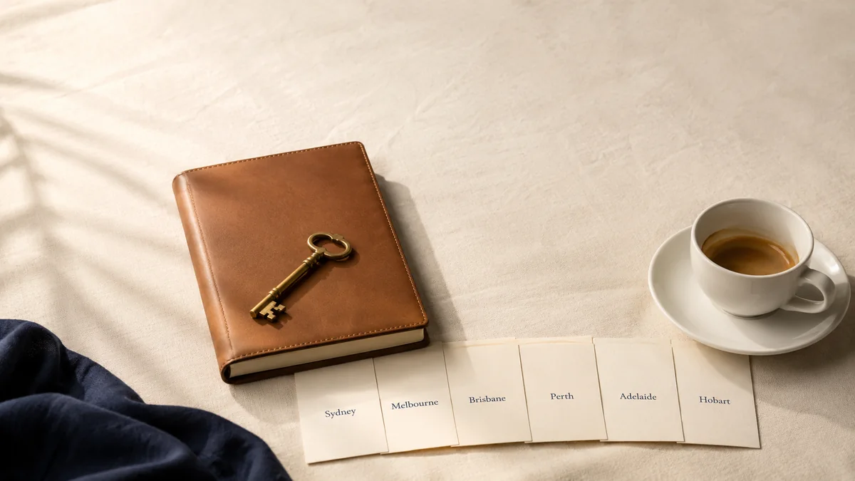Anaesthetic billing services across Australia — editorial still life of a closed leather logbook with a brass key, a half-drunk espresso, and small cards reading Sydney, Melbourne, Brisbane, Perth, Adelaide and Hobart, on warm linen.