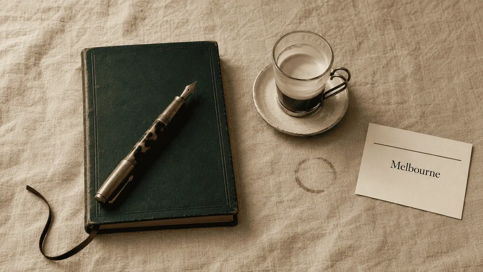 Melbourne anaesthetic billing service — editorial still life of a closed bottle-green leather logbook with a vintage tortoiseshell fountain pen resting on the cover, a glass piccolo coffee on a saucer, and a small card reading Melbourne, on warm linen.