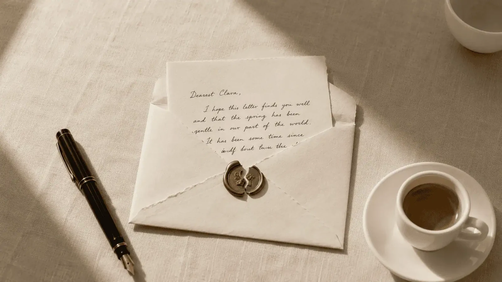 Editorial flat-lay of an opened letter with a broken brass wax seal, fountain pen and espresso on cream linen — the gesture of one anaesthetist introducing another to Fast Tracking.