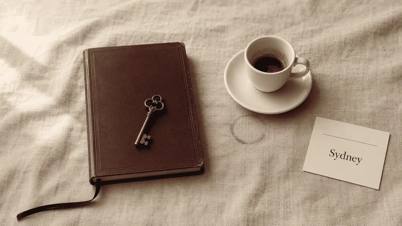 Sydney anaesthetic billing service — editorial still life of a closed leather logbook with a brass key resting on the cover, a half-drunk espresso cup, and a small card reading Sydney, on warm linen.