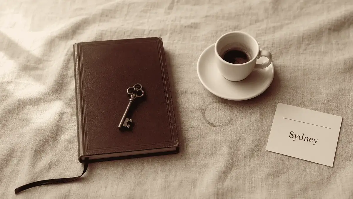 Sydney anaesthetic billing service — editorial still life of a closed leather logbook with a brass key resting on the cover, a half-drunk espresso cup, and a small card reading Sydney, on warm linen.