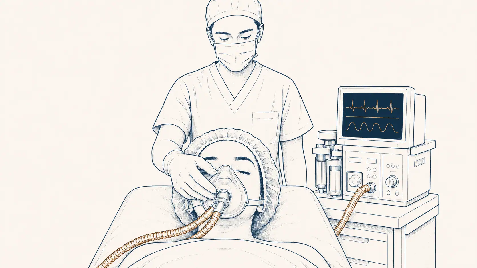 Illustration of a patient under general anaesthesia in an Australian operating theatre, with a specialist anaesthetist at the head of the table managing the airway and monitoring vital signs.