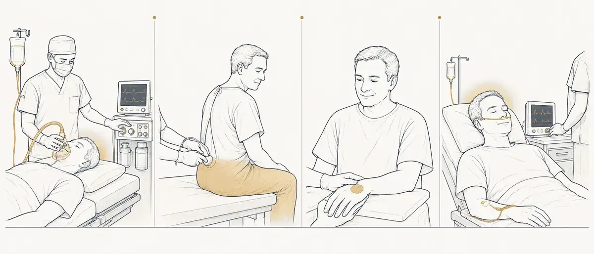 Editorial illustration showing the four main types of anaesthesia — general, regional, local, and sedation — with the same patient depicted in each setting.