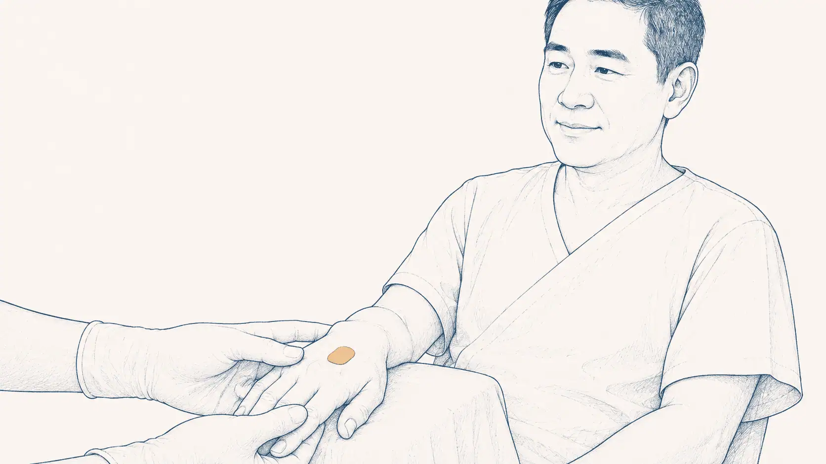 Illustration of local anaesthesia: a calm, awake patient receives a small numbing injection to the back of the hand for a minor procedure, with no other part of the body affected.