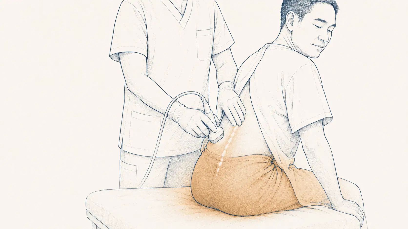 Illustration of regional anaesthesia: a patient sits leaning forward while a specialist uses an ultrasound probe to guide a nerve block in the lower back; the numbed region is highlighted in brass.