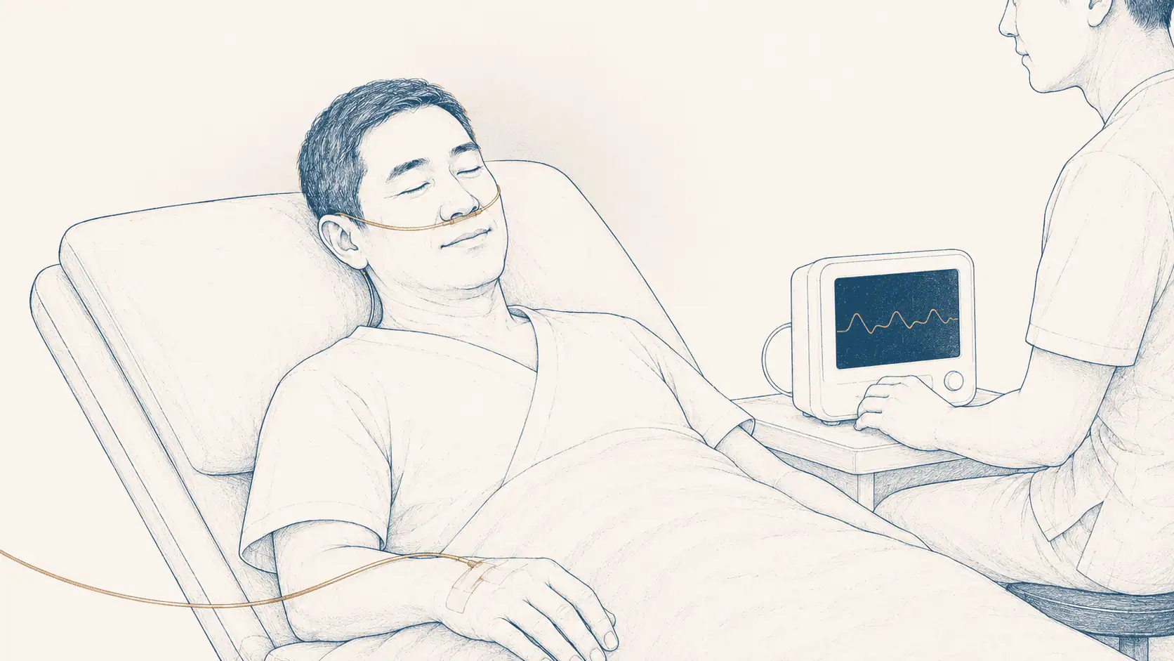 Illustration of sedation or Monitored Anaesthesia Care: a patient reclines comfortably on a procedure couch with nasal oxygen prongs, watched continuously by a specialist anaesthetist.