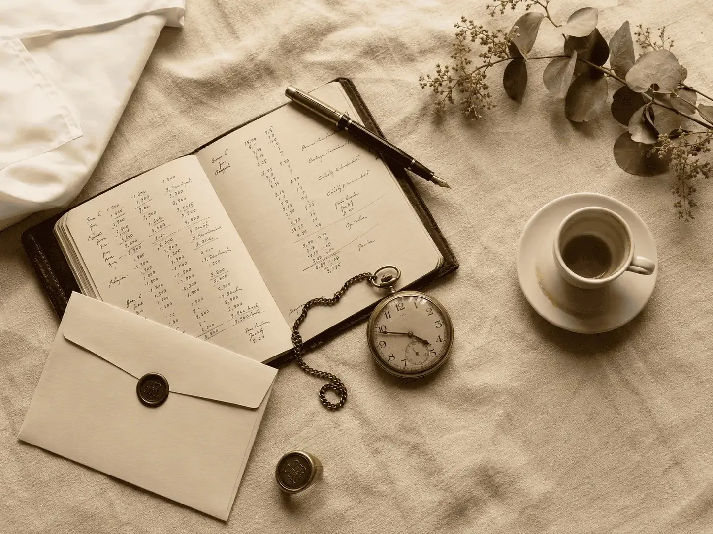 Editorial flat-lay of a leather notebook with handwritten billing figures, antique brass pocket watch, fountain pen and espresso on cream linen — Fast Tracking, anaesthetic billing services for new private anaesthetists