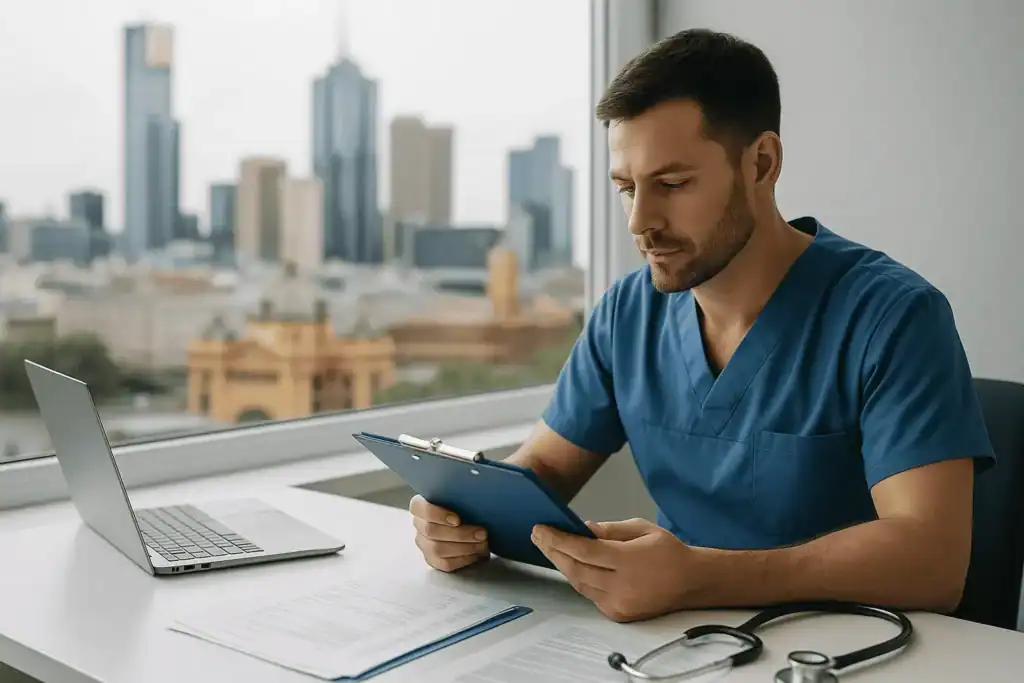Melbourne Anaesthetic Billing Service 1 Melbourne anaesthetic billing service – anaesthetist reviewing invoices with Melbourne skyline
